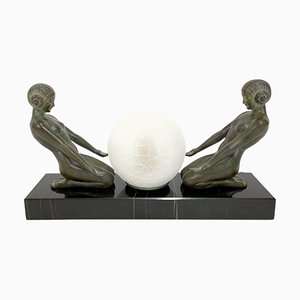 Art Deco Style Cueillette Sculpture Lamp in Spelter & Marble with Lighted Glass Ball by Max Le Verrier, 2022