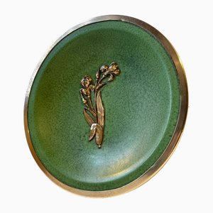 French Art Deco Ceramic Bowl with Green Glaze and Bronze, 1930s