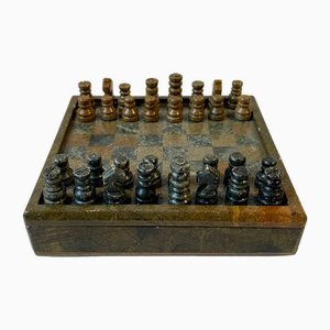 Juego de ajedrez compacto vintage hecho a mano de mármol, años 70. Juego de 34
