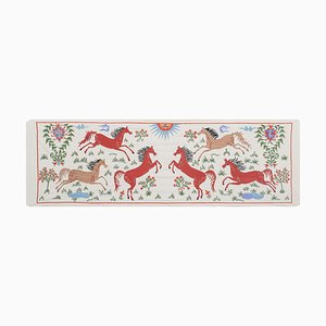 Handmade Silk on Silk Red Horse Pictorial Suzani Table Runner, Uzbek Tablecloth 18 X 48