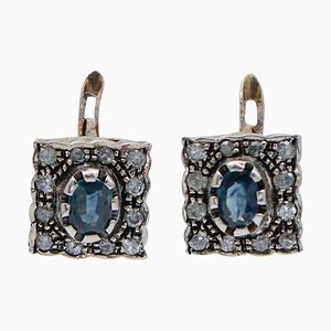 Sapphires, Diamonds, Rose Gold and Silver Earrings, 1950s, Set of 2