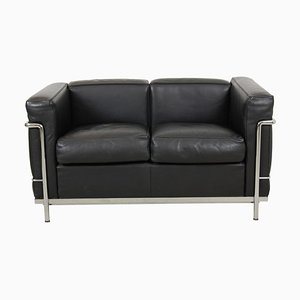 Lc2 Sofa in Black Leather by Le Corbusier for Cassina