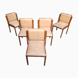 Dining Chairs in Curved Wood and Brown Leather, 1960s, Set of 6