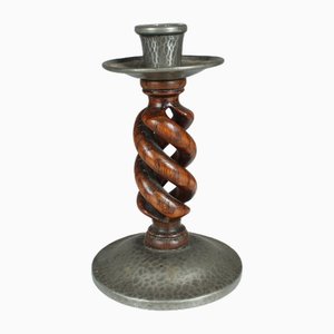 Antique Candlestick in Pewter and Oak from Tudric, 1905