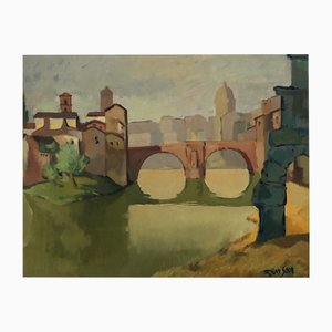 Trevisan, Paysage italien avec pont, Oleo sobre madera, Enmarcado