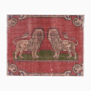 Vintage Turkish Faded Double Lion Rug