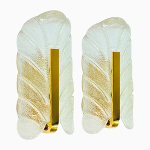Scandinavian Glass & Brass Leaf Wall Lights or Sconces by Carl Fagerlund, 1960s, Set of 2