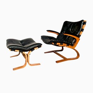 Scandinavian Cantilever Leather Lounge Chair with Ottoman attributed to Elsa & Nordahl Solheim for Rybo Rykken, 1960s, Set of 2