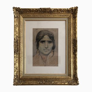 Edouard Morerod, Portrait de femme amérindienne, 1919, Crayon, Fusain & Pastel sur Papier, Encadré