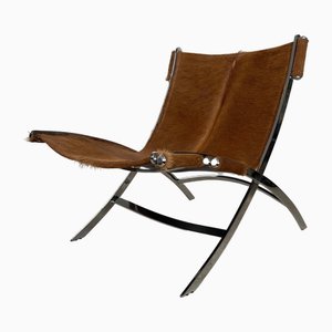 Leather Cowhide Scissor Steel Chrome Chair, Italy, 1990s