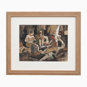 Yves Brayer, Soldiers Playing Cards, 1939, Gouache & Watercolor, Framed