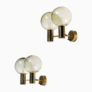 Swedish Double Sconces in Brass and Smoked Glasses by Hans Agne Jakobsson, 1960, Set of 2