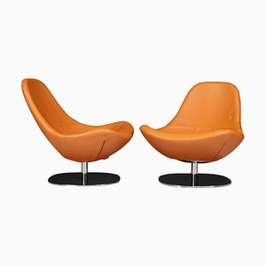 Modern Cognac Leather Swivel Lounge Chairs, Italy, 1970s, Set of 2
