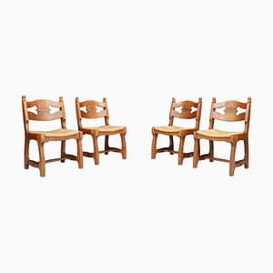 Sculptural Oak & Rush Dining Chairs, France, 1970s, Set of 4