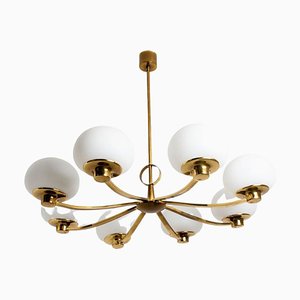 Chandelier in Brass and Blown Opaque Glass from Hillebrand, 1960s