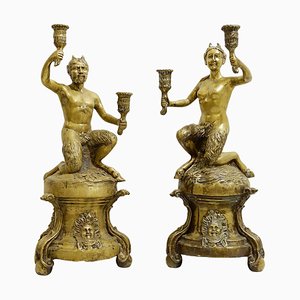 Portacandele a forma di satiro in bronzo dorato, set di 2