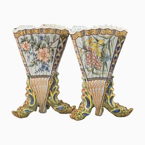 Antique French Hand Painted Faience Vase by Porquier Beau Quimper, 1890s, Set of 2
