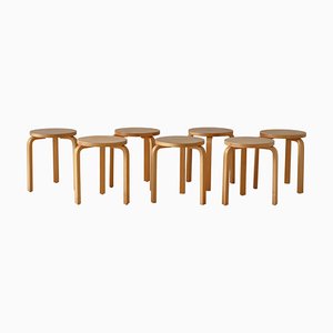 Vintage L-Leg Stools Model 60 in Birch attributed to Alvar Aalto for Artek, Finland, 1970s, Set of 7