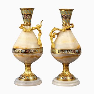 Onyx & Gilded Bronze and Cloisonné Vases, Set of 2