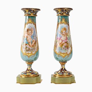 Enameled, Gilded Bronze and Porcelain Vases, Set of 2