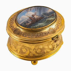 19th Century Gilded Bronze Jewelry Box with Painting Under Glass