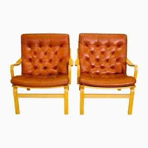 Mid-Century Danish Leather Lounge Chairs attributed to Bruno Mathsson, Set of 2