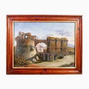 Italienischer Künstler, Schloss mit Brücke und Wällen, 1800, Öl auf Leinwand, Gerahmt