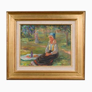 Maurice Alleroux, niña de picnic, siglo XX, óleo sobre lienzo, enmarcado