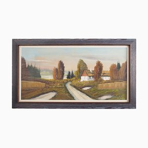 Scandinavian Artist, The Farmhouse on the Side, 1970s, Oil on Canvas, Framed