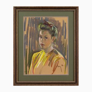 École d'Artiste Suédoise, Portrait de Femme, 1956, Pastel, Encadré