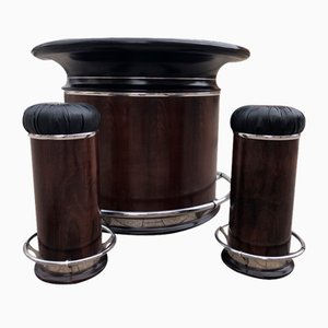 Art Deco Round Bar with Stools, France, 1940s, Set of 3