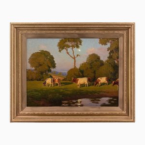 Nelson Wright, Pastoral Scene with Shimmering Pond, 1890s, Oil on Canvas, Framed