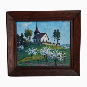 François Gos, Paysage de printemps avec une Chapelle, Olio su tela, Con cornice