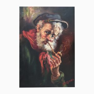 Alberto Cecconi, L'homme à la pipe, Oil on Canvas, Framed