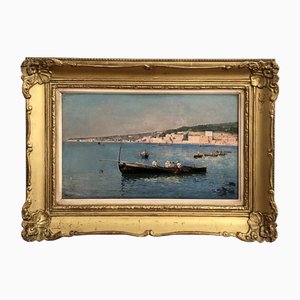 Edoardo Monteforte, Pêcheurs dans le Golfe de Naples, Oil on Wood, Framed