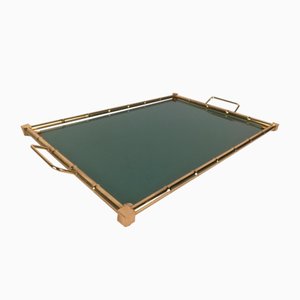Italian Hollywood Regency Tray in Brass, Faux Bamboo and Fumè Glass, 1970s