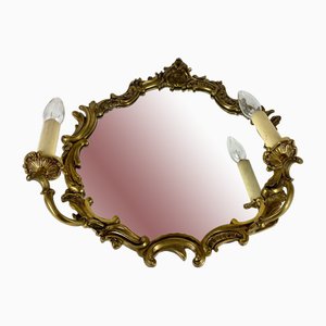 Vintage Brass-Framed Mirror with Two Sconces