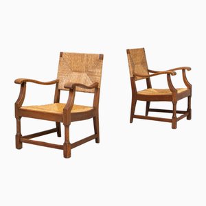 Oak and Wicker Lounge Chairs, 1970s, Set of 2