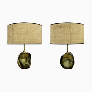 Mid-Century Modern Olive Green Murano Table Lamps, Italy, 1950s, Set of 2