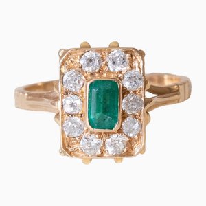 Bague Marguerite Vintage en Or 18k avec Émeraude et Diamants, 1970s