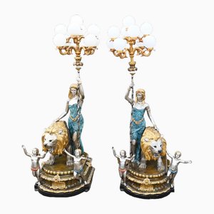 Bronze Maiden Lamps with Lion Cherubs, Set of 2