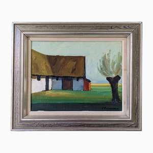 Barns, 1950s, Oil on Canvas, Framed