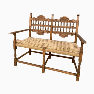 Spanish Rustic Bench with Natural Fiber Seat, 1920s