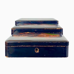 Three Black Japanese Lacquer Nesting Boxes with Two Keys, 1880, Set of 3