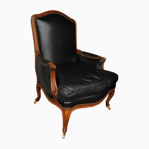 Louis XV French Black Leather Bergere Armchair with Brass Stud Detailing