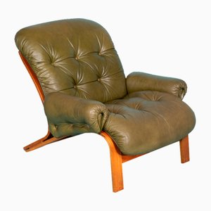 Mid-Century Green Leather Lounge Chair by Rybo Rykken Norway for Rybo Rykken & Co, 1960s