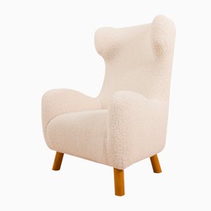 Large Lounge Chair in Boucle Fabric & Oak by Flemming Lassen, Denmark, 1960s