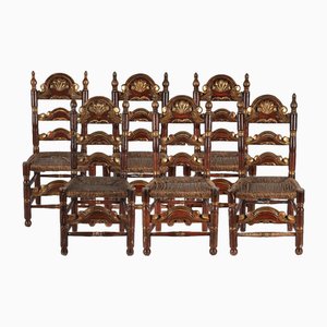 Vintage Spanish Chairs in Polychrome and Golden Wood, 1800s, Set of 6