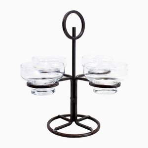 Art Deco Wrought Iron and Glass Candleholders with Stand attributed to Erik Höglund for Bostrom, 1960s, Set of 5