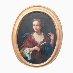 Portrait Ovale de Dame à l'Éventail, 18ème Siècle, Huile sur Toile, Encadrée